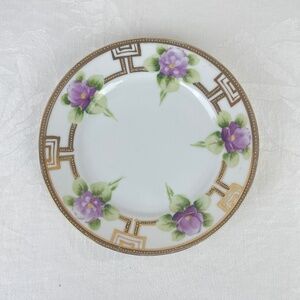 Vintage White Porcelain Plate Hand Painted Purple Pansy Flowers Gold Detailing
